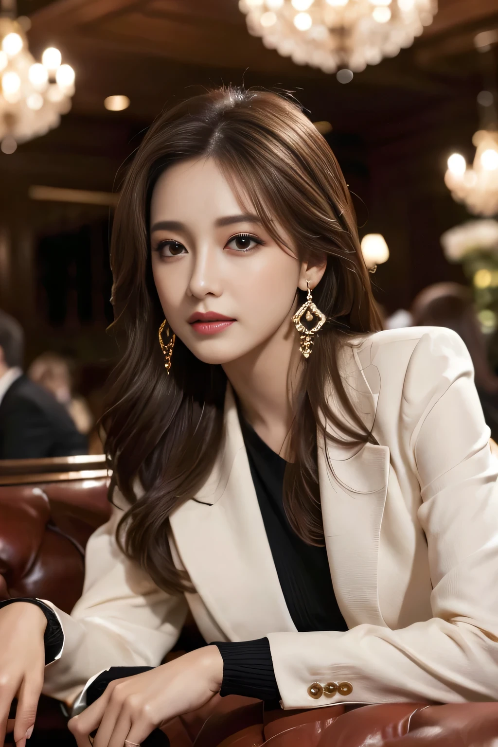 masterpiece, Highest quality, Realistic, Very detailed, Finer details, High resolution, 8k wallpaper, One beautiful woman, Wear a nice suit, In a great restaurant, At night, Light brown messy hair, Perfect dynamic composition, Beautiful and beautiful eyes、Big earrings、Sit on the sofa