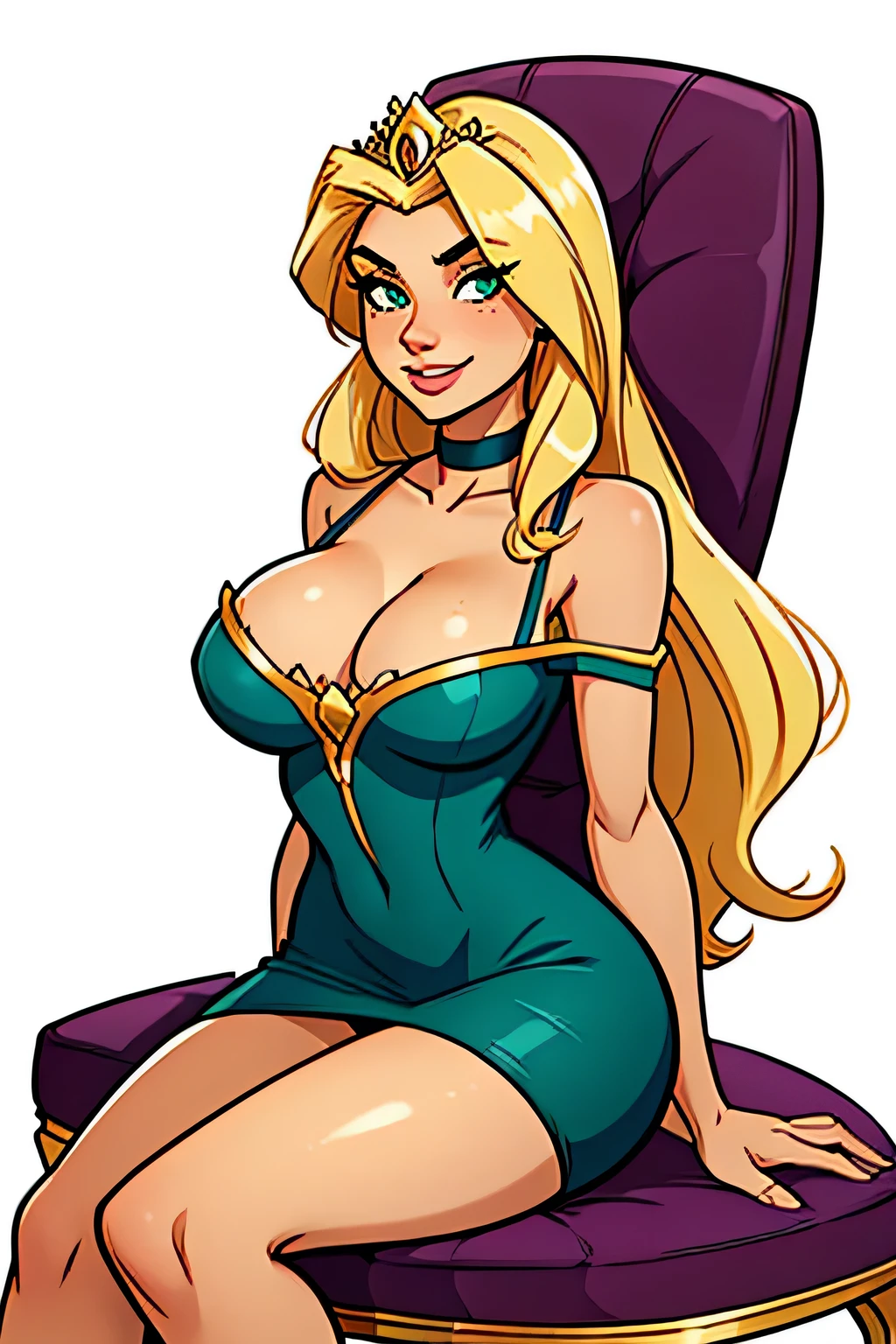 Slim athletic woman, age 25, 4K (High definition), mysterious smile, seducing gaze, greeneyes, wearing a royal dress ((with v-neckline)), wearing tiara and choker, arms positioned at the side of the body, Caucasian skin, long blonde hair ((at shoulder height)), sitting in a chair, curvy with freckles on her chest and neck, big round breasts. High-quality Marvel style, white background.