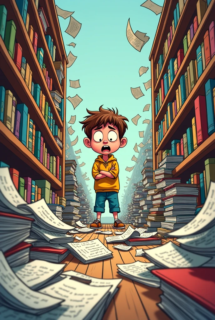  Please can you make me a cartoon in a library. Where a boy stands , is surrounded by books and messy papers, with an expression of frustration and confusion on his face*