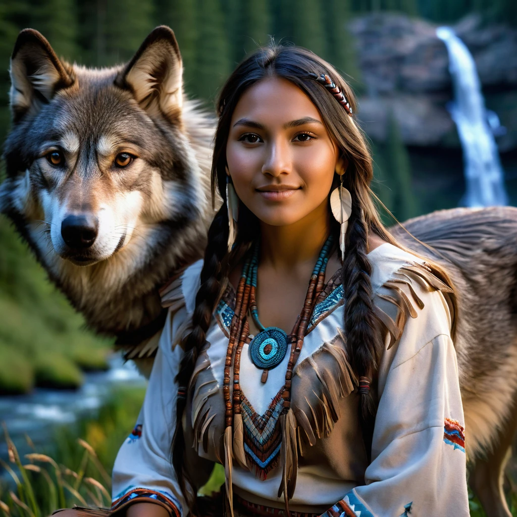 (grainy:0.5), cinematic, beautiful girl 2,native american,fantasy,(solo:1.3), detailed brown eyes, detailed face, detailed native American sexy clothing , volumetric lighting, dusk, extremely detailed background, standing next to forest, mountains, flowers, water fall, smiling, half closed eyes, tilted head, from side, sitting next to her wolf