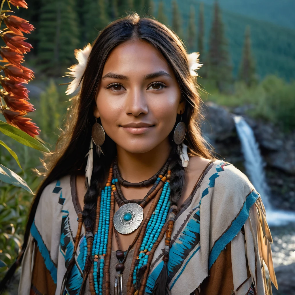 (grainy:0.5), cinematic, beautiful girl 2,native american,fantasy,(solo:1.3), detailed brown eyes, detailed face, detailed native American sexy clothing , volumetric lighting, dusk, extremely detailed background, standing next to forest, mountains, flowers, water fall, smiling, half closed eyes, tilted head, from side, sitting next to her wolf