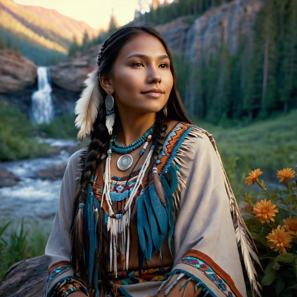 (grainy:0.5), cinematic, beautiful girl 2,native american,fantasy,(solo:1.3), detailed brown eyes, detailed face, detailed native American sexy clothing , volumetric lighting, dusk, extremely detailed background, standing next to forest, mountains, flowers, water fall, smiling, half closed eyes, tilted head, from side, sitting next to her wolf