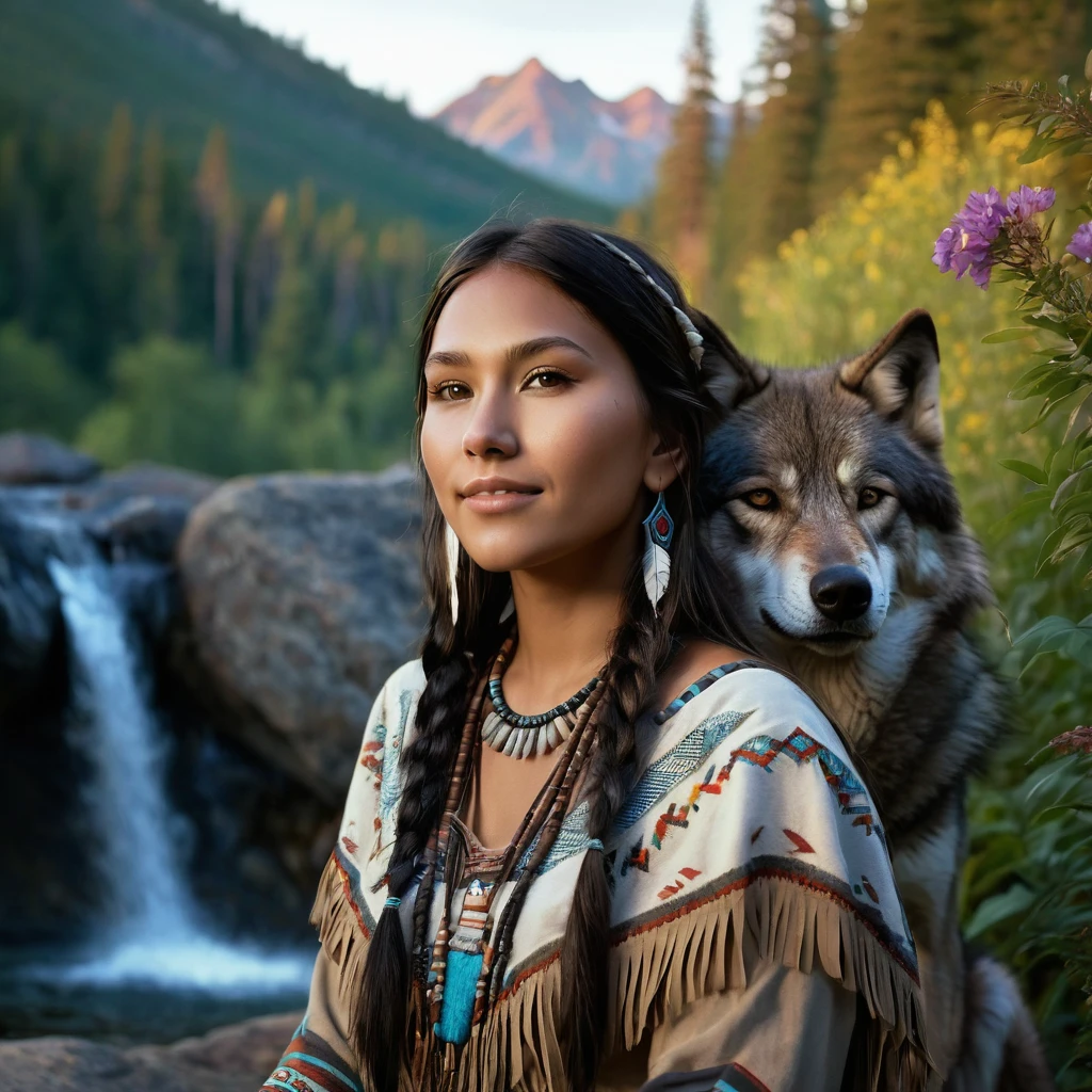 (grainy:0.5), cinematic, beautiful girl 2,native american,fantasy,(solo:1.3), detailed brown eyes, detailed face, detailed native American sexy clothing , volumetric lighting, dusk, extremely detailed background, standing next to forest, mountains, flowers, water fall, smiling, half closed eyes, tilted head, from side, sitting next to her wolf