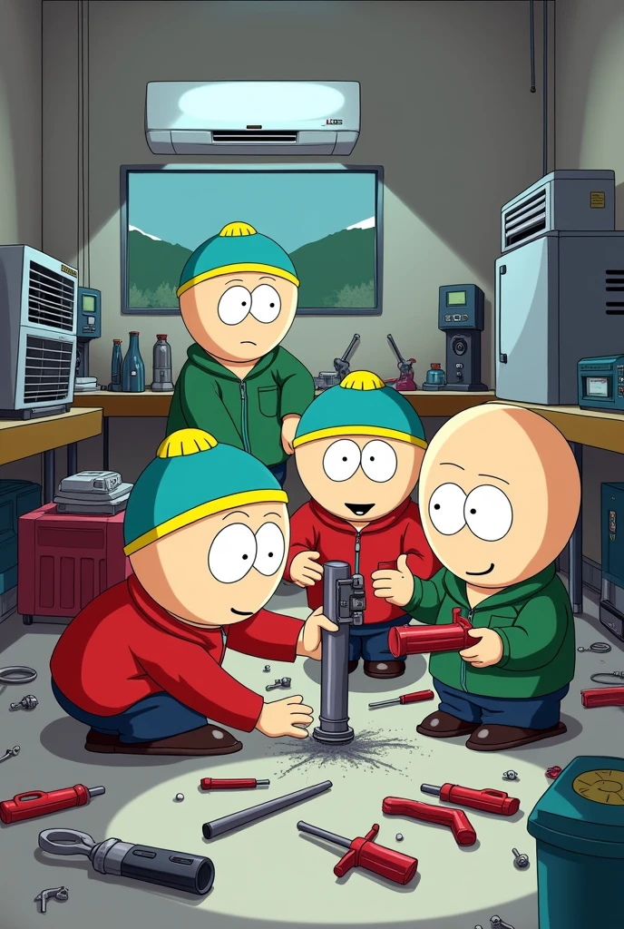 Make a drawing of the South Park series in which only the four main characters appear while they are playing with tools in an air conditioning repair workshop in which there are air conditioners., Refrigerators and work tools on the floor or tables