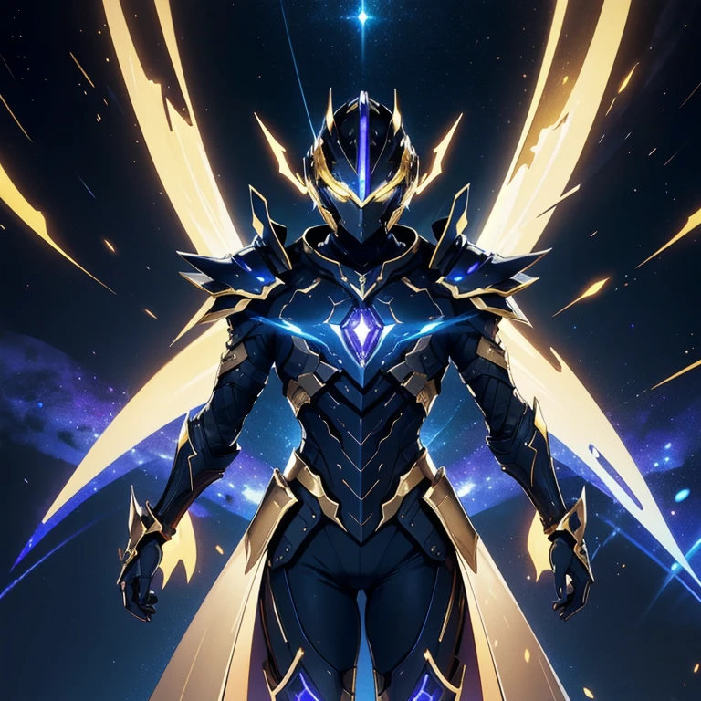 It's a man. The image presents a highly detailed and futuristic armor designed for a male warrior. The armor combines elements from different parts to create a cohesive and powerful look. Helmet: The helmet features a sleek, aerodynamic design with a golden metallic finish. It has a central crest that rises upwards, and the visor glows with a bright blue light, giving it a high-tech, futuristic appearance. Pauldrons (Shoulder Pads): The shoulder pads are designed to be close to the chest, with angular lines extending smoothly toward the shoulders. They have a polished golden finish and curve elegantly upward, creating a harmonious transition between the chest and shoulders, while providing a majestic and protective look. Chest Plate: The chest plate is intricately segmented, with a combination of gold and dark metallic blue. It has a gem-like crystal in the center that emits a soft, mystical glow. The design of the chest plate is both protective and regal, with sharp, angular lines that add to the overall futuristic aesthetic. Arm Guards: The arm guards are sleek and streamlined, with articulated golden and purple segments that offer flexibility and protection. The design of the gauntlets is both robust and elegant, incorporating futuristic elements that blend with the classic style. Leg Armor: The legs are armored with segmented plates that are primarily gold and purple. The boots are angular and sturdy, with a design that conveys both strength and agility. The overall look of the leg armor is grounded yet sleek, completing the ensemble with a powerful stance. The background of the image is a dark cosmic scene, filled with distant stars and nebulae that highlight the polished surfaces of the armor. Dynamic lighting is used to emphasize the key features, particularly the glowing visor and central chest gem, reinforcing the mystical and imposing nature of the warrior.