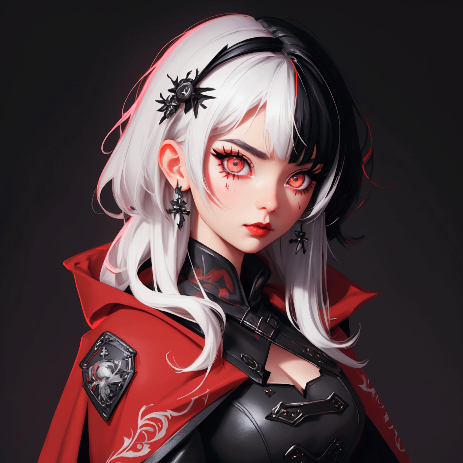 envision a 8k, highres, cinematic, close up beautiful portrait of a short girl named Shiori Novella with long black and white hair with hair ornaments, Amber eyes, wearing a goth military ****ta dress and red cape against a dark background