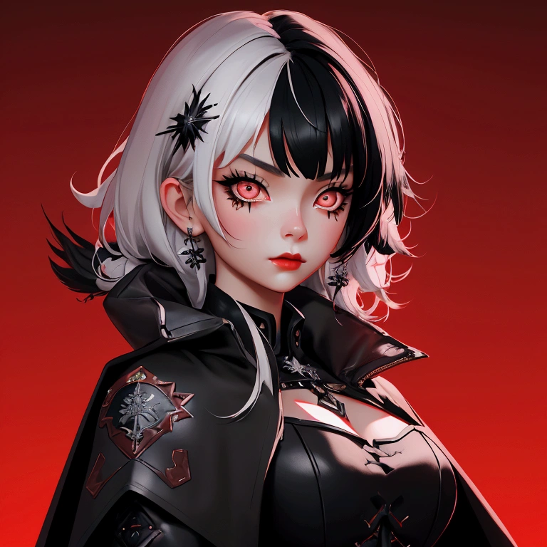 envision a 8k, highres, cinematic, close up beautiful portrait of a short girl named Shiori Novella with long black and white hair with hair ornaments, Amber eyes, wearing a goth military ****ta dress and red cape against a dark background