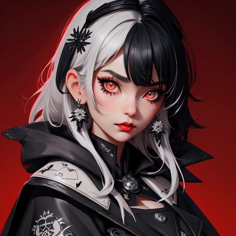 envision a 8k, highres, cinematic, close up beautiful portrait of a short girl named Shiori Novella with long black and white hair with hair ornaments, Amber eyes, wearing a goth military Lolita dress and red cape against a dark background