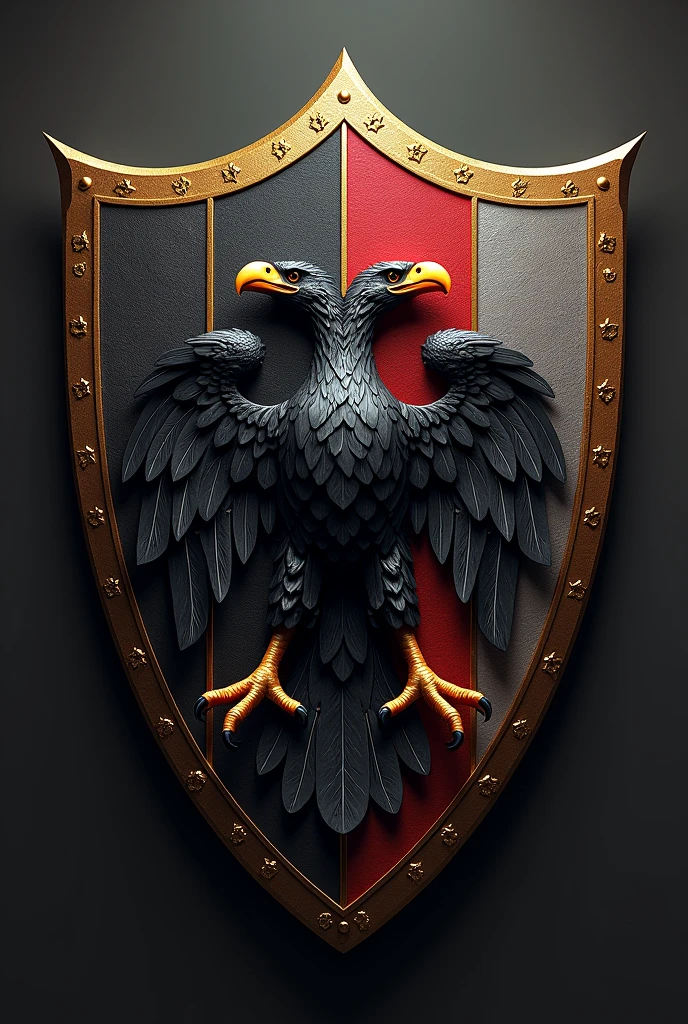 split shield, being the first gold, half black double-headed eagle, and the second in red, two silver bands; timbre: a head and neck of a black eagle, armed with gold and lampasado in red.