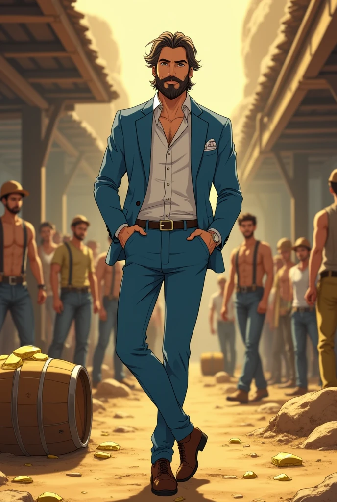 Create a anime style landscape image. Image is a anime cinematic scene featuring a handsome man in a stylish, light blue suit with a white dress shirt, open at the collar, and a pocket square. He has a full beard and medium hair, with a confident expression, standing with one foot on a barrel and second foot on the ground. The background shows a gold mining area group of workers, with fair skin tones, dressed in casual, rugged clothing. The setting appears to be an underground gold mining area, with a backdrop of huts and a slightly blurred, smoky atmosphere, suggesting a dramatic or intense scene.