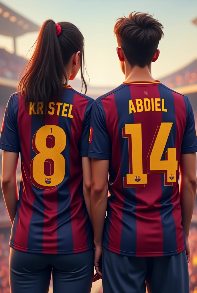 Woman and man from behind wearing the Barcelona shirt with the numbers 8 and 14 with the names Kristel and Abdiel and their hair tied to one side