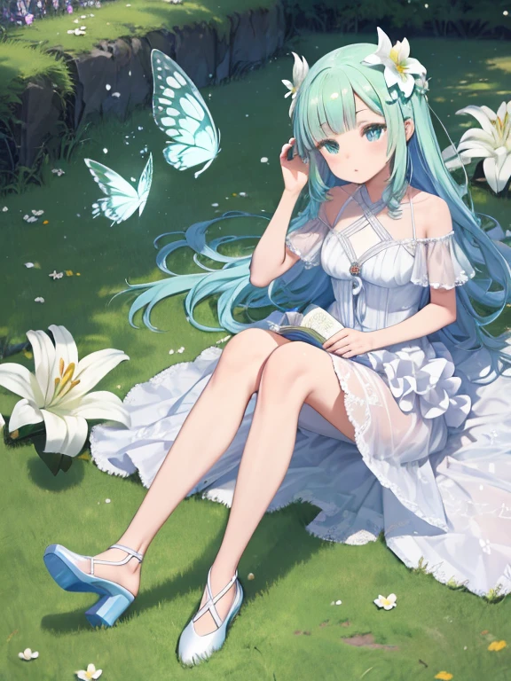 anime, A fairy with holographic hair, a white dress and glass slippers、Daytime、Lily flowers lie on the green grass。. Holographic soap bubbles and holographic color butterflies々There is.