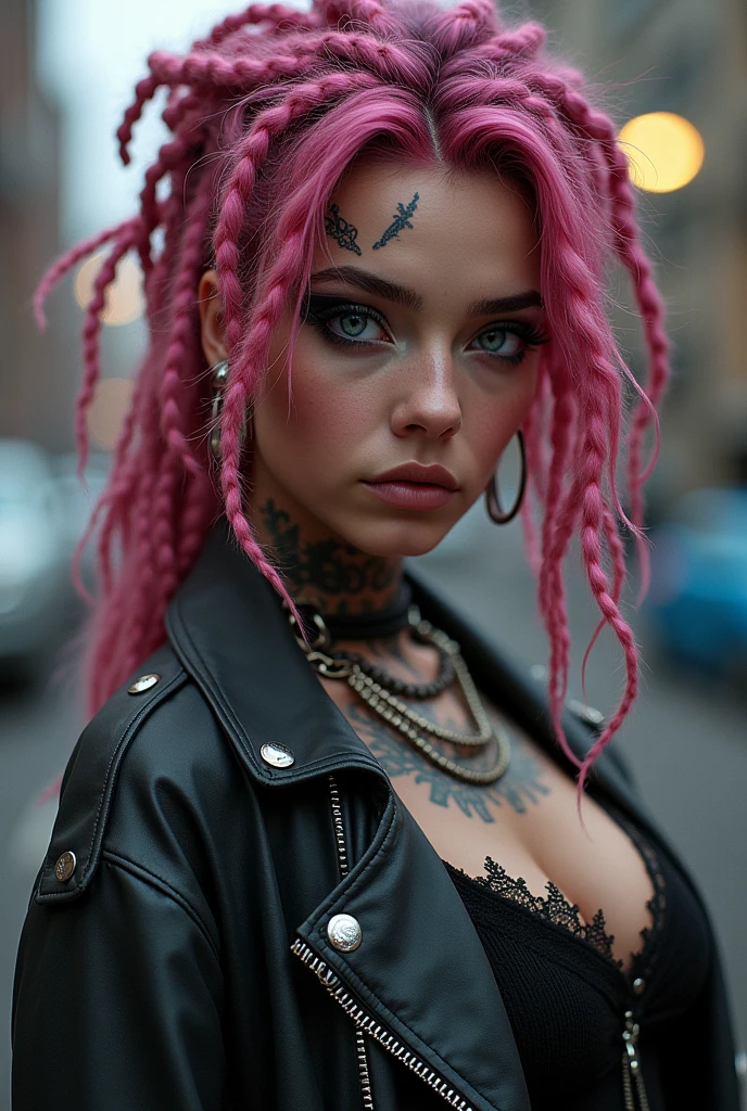 Brunette girl pink dreadlocks blue eyes 2 with tattoos