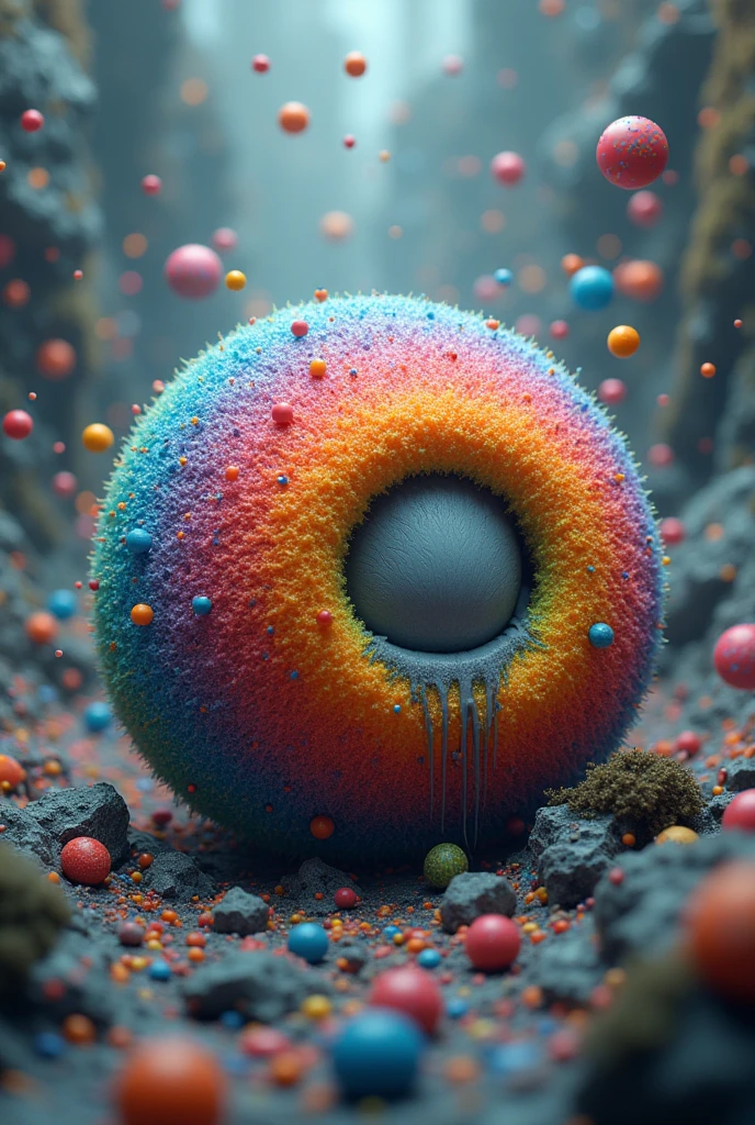 一只拟人化的小橘猫  photograph of a cute extra fluffy baby realistic raccoon 3D render of a spherical creature with a Energetic rainbow surface, Spin in a vortex of chaotic destruction filled with millions of colorful particles. The core of the creature is surrounded by a gray mist.，Exudes a mysterious and ethereal aura. The overall image exudes a sense of wonder and Concept Artistry, reflects an imaginative and surreal environment., Energetic, photo, Concept Art, 3D Rendering