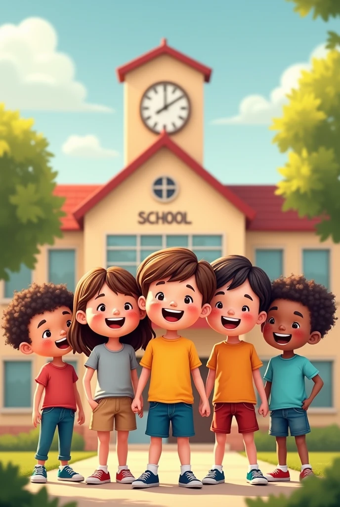 Children in front of a school that clearly says school, so they are happy 