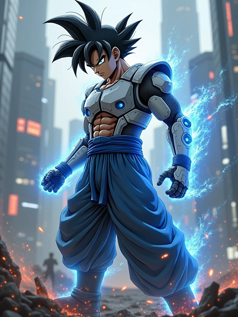 "Goku, sporting a futuristic cyborg style,. He has a blend of human and cybernetic features., He wears advanced battle armor incorporating glowing blue energy panels and mechanical parts., but his body is still essentially human.. His black hair is highlighted with strands of pulsating energy that change color. He utilizes adaptable nanofiber material and is in the midst of a battle against androids in a futuristic environment.. The scene includes high-tech buildings and futuristic cityscapes, with light effects and holograms in the background. The image should capture the integration of human and technological elements,, showcasing the intensity of the battle and the fusion of martial arts with advanced technology.."