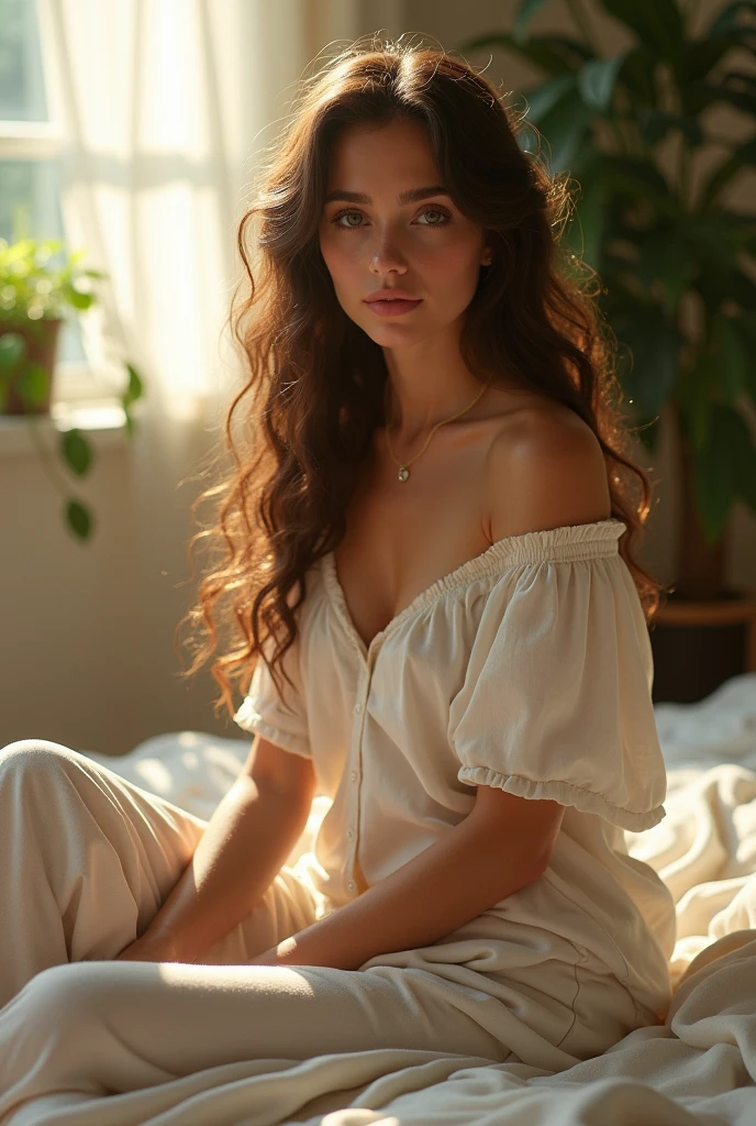(photorealism:1.2), beautiful woman, sitting on bed, wearing loose off-shoulder top, pajama pants, long curly hair, indoors, soft lighting, plants in background, window with sunlight, cozy room, relaxed pose, realistic, intricate details, warm colors, by Greg Rutkowski, by Alphonse Mucha