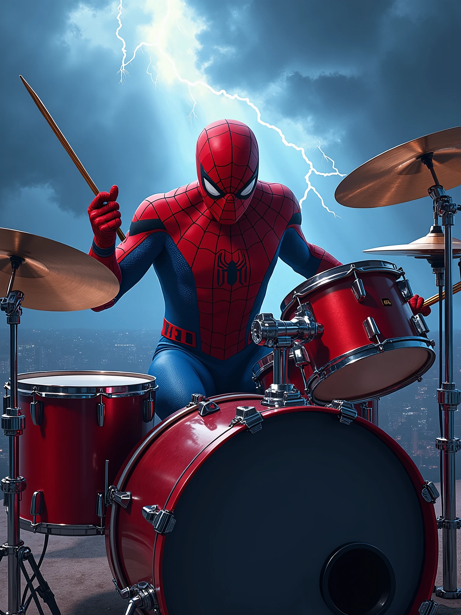 Rock Spiderman marvel holding a stick sitting playing drums with a background of thunder and very rock vibes.