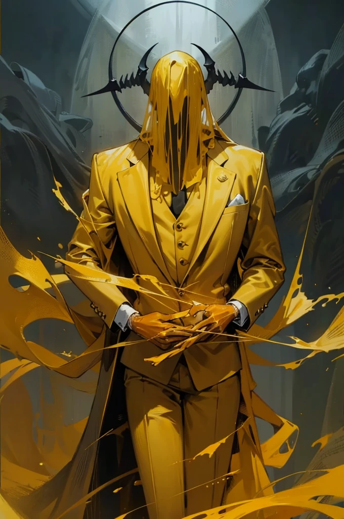 painting of a demon, charcoal-black skin, gaunt, very slender/lanky, long boney fingers, very boney physique, deep yellow veil covering face, very thick veil, veil covering eyes and mouth, veil obscuring face completely, no visible face, mischievous body language, skeletal body, dry gaunt hands, arms held in front, golden-yellow tuxedo, golden-yellow business suit, deep yellow suit jacket, not moving. remove golden traces