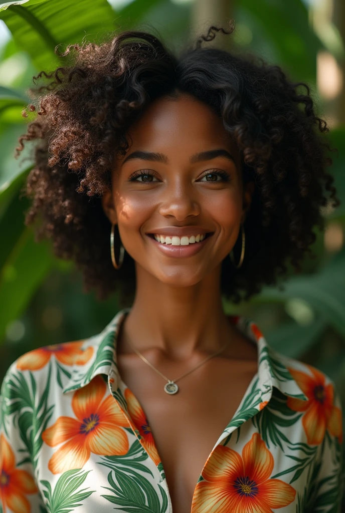 A Brazilian woman in a lush tropical garden, wearing an open shirt with a floral print, with a close-up capturing the harmonious beauty between her breasts and the natural flowers, showing off your natural charm and outgoing personality.