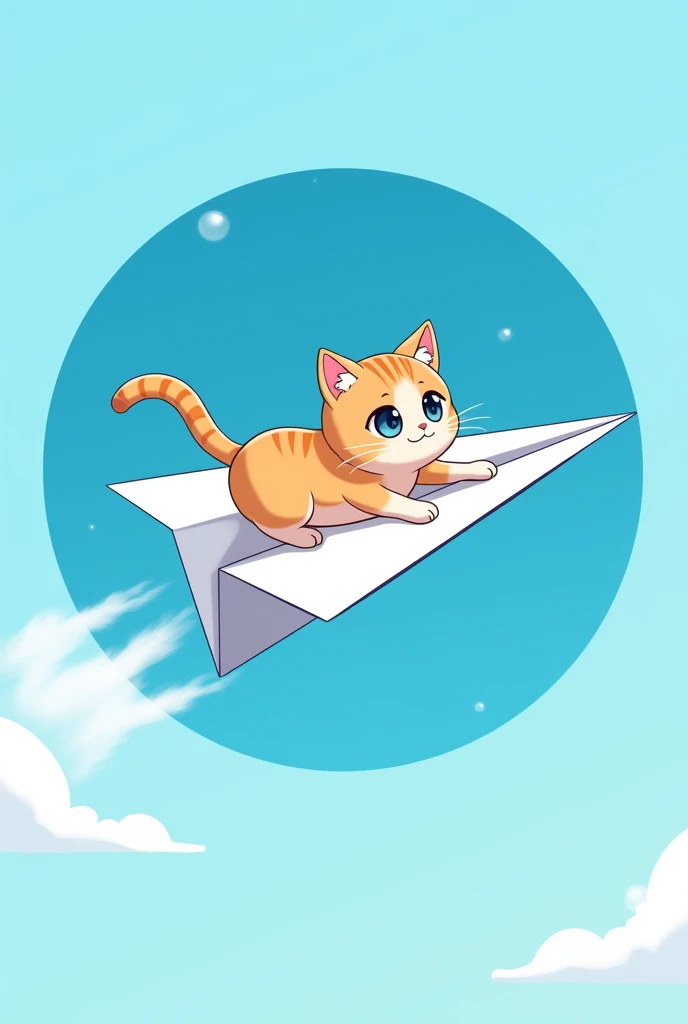 telegram,White Paper Airplane,Background is blue circle,logo,A cat riding a paper airplane,8k,Anime Style