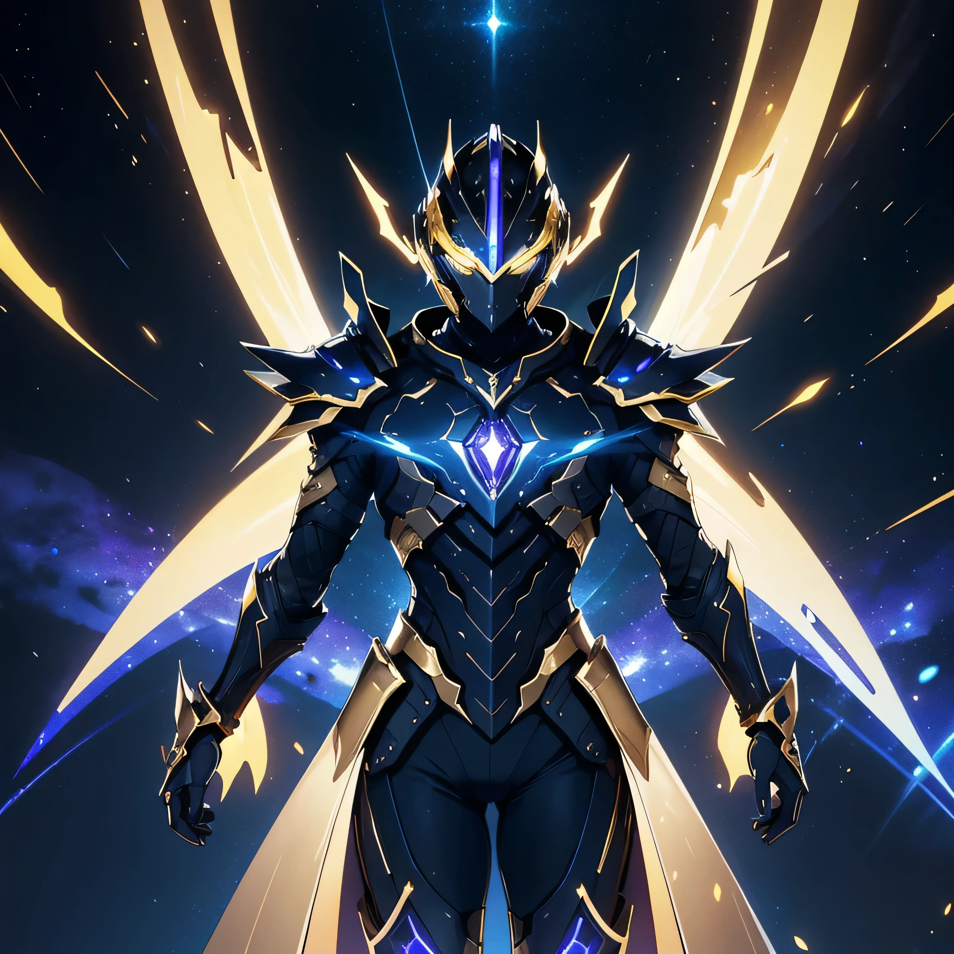 It's a man. The image presents a highly detailed and futuristic armor designed for a male warrior. The armor combines elements from different parts to create a cohesive and powerful look. Helmet: The helmet features a sleek, aerodynamic design with a golden metallic finish. It has a central crest that rises upwards, and the visor glows with a bright blue light, giving it a high-tech, futuristic appearance. Pauldrons (Shoulder Pads): The shoulder pads are designed to be close to the chest, with angular lines extending smoothly toward the shoulders. They have a polished golden finish and curve elegantly upward, creating a harmonious transition between the chest and shoulders, while providing a majestic and protective look. Chest Plate: The chest plate is intricately segmented, with a combination of gold and dark metallic blue. It has a gem-like crystal in the center that emits a soft, mystical glow. The design of the chest plate is both protective and regal, with sharp, angular lines that add to the overall futuristic aesthetic. Arm Guards: The arm guards are sleek and streamlined, with articulated golden and purple segments that offer flexibility and protection. The design of the gauntlets is both robust and elegant, incorporating futuristic elements that blend with the classic style. Leg Armor: The legs are armored with segmented plates that are primarily gold and purple. The boots are angular and sturdy, with a design that conveys both strength and agility. The overall look of the leg armor is grounded yet sleek, completing the ensemble with a powerful stance. The background of the image is a dark cosmic scene, filled with distant stars and nebulae that highlight the polished surfaces of the armor. Dynamic lighting is used to emphasize the key features, particularly the glowing visor and central chest gem, reinforcing the mystical and imposing nature of the warrior.