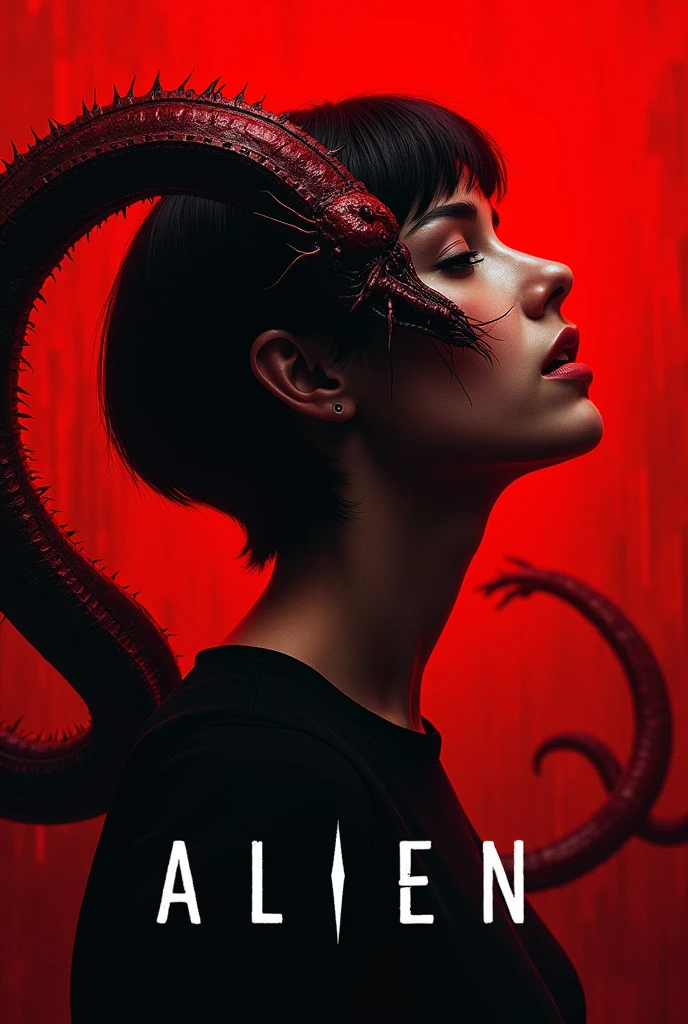 movie poster with red background, in which a woman with a crew cut has an alien spider-like worm stuck to her face; the title of the film, called ALIEN, is found at the bottom of the poster.