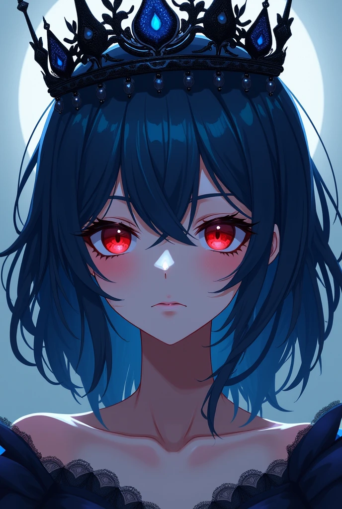 An anime woman, with dark blue hair and a dark blue and black crown, with red eyes and a dark blue dress