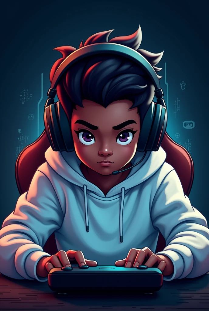 Create a logo of a dark-skinned gamer boy with a white sweatshirt and gamer headphones 
