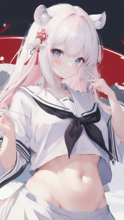 (best quality, masterpiece), 1 girl, centaur, I beg, White skin, Japanese schoolgirl,daughter,black pink, exposing the abdomen, belly button t-shirt , 아름다운 소녀 perfect white tiger photo, perfect white tiger photo