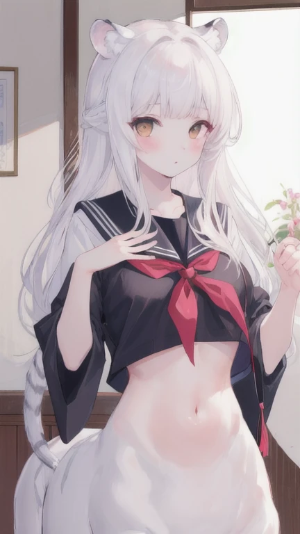 (best quality, masterpiece), 1 girl, centaur, I beg, White skin, Japanese schoolgirl,daughter,black pink, exposing the abdomen, belly button t-shirt , 아름다운 소녀 perfect white tiger photo, perfect white tiger photo
