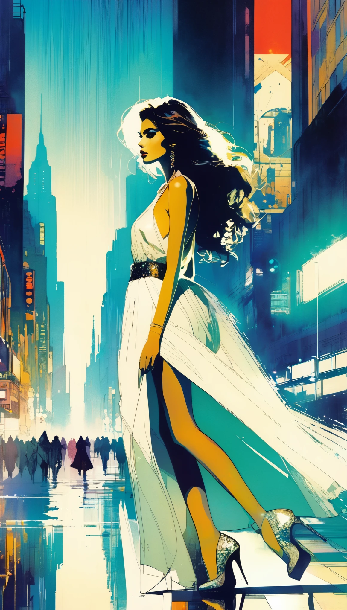 artistic inspiration of bill sienkiewicz
city landscape background,1girl,leaning_to_the_side,fashion and gorgeous costumes