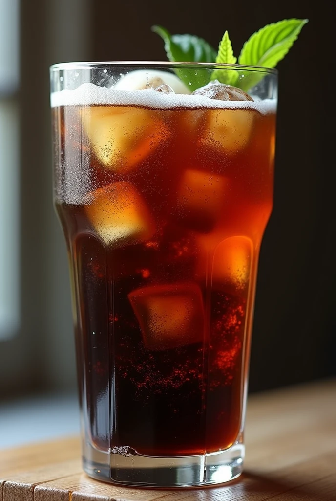 a bresh-type glass with fernet and coke HYPER REALISTIC without mint leaves and in a plastic cup 
