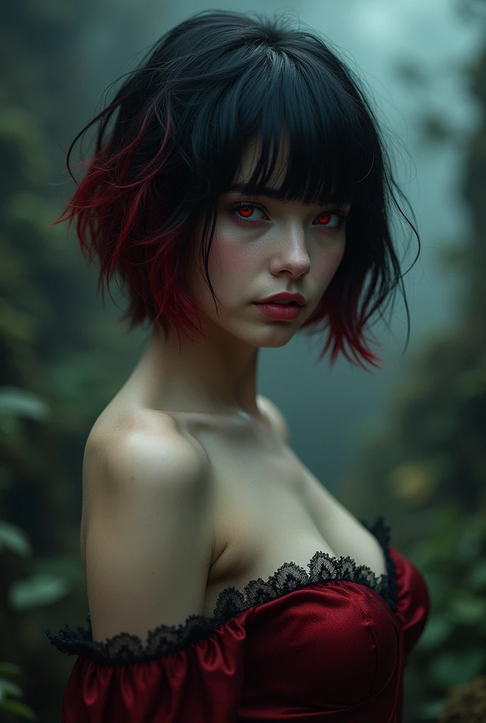 (Realisttic:1.2), analog photo style, cute woman with short black-red multicolored hair, red eyes, (Gloomy and dark atmosphere), soft natural light, faded colours, sexy, great quality, Masterpiece, detailed fantasy background, better performance, 16k quality, HDR, RAW photo nude full body aroused armpit 