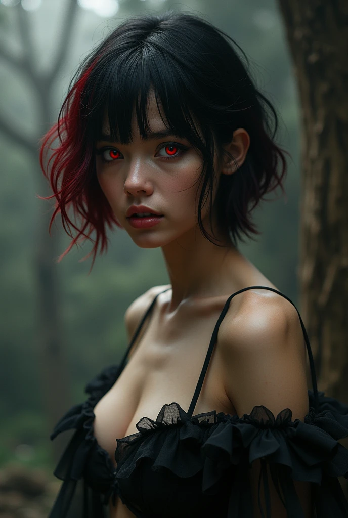 (Realisttic:1.2), analog photo style, cute woman with short black-red multicolored hair, red eyes, (Gloomy and dark atmosphere), soft natural light, faded colours, sexy, great quality, Masterpiece, detailed fantasy background, better performance, 16k quality, HDR, RAW photo nude full body aroused armpit