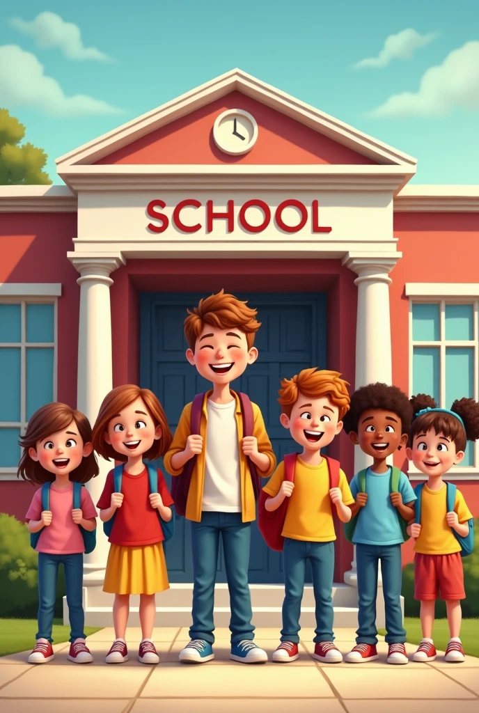Children in front of a school that clearly says school and that are happy for a cover 