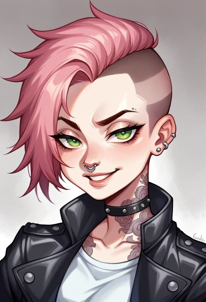 Portrait of a young Caucasian woman with short pink undercut hair and green eyes, displaying a playful smirk with raised eyebrows and narrowed eyes, indicating amusement. She has a nose piercing, ear piercings, and visible tattoos on her arms and neck. The artistic style combines watercolor painting techniques with bold black ink lines, creating a modern look. She is dressed in a punk rock style with a leather jacket and a band t-shirt. The portrait focuses on her expression of laughter, with a close-up shot that accentuates the joy in her eyes and the curve of her smiling mouth.