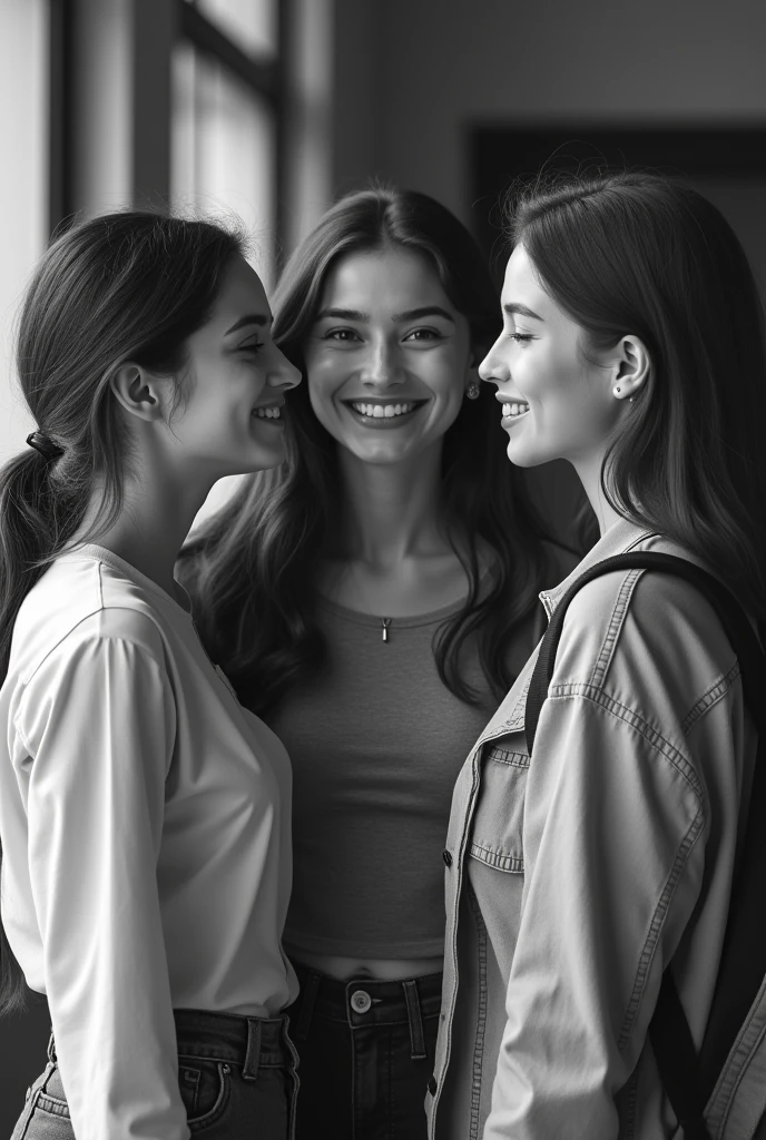 tres Adolescentes mujeres de 21 Años de edAd en el colegio y (dos de ellAs molestAndo de formA juguetonA y entre risAs) A (unA de ellAs seriA), imAgen de chicAs AntiguA en blAnco y negro