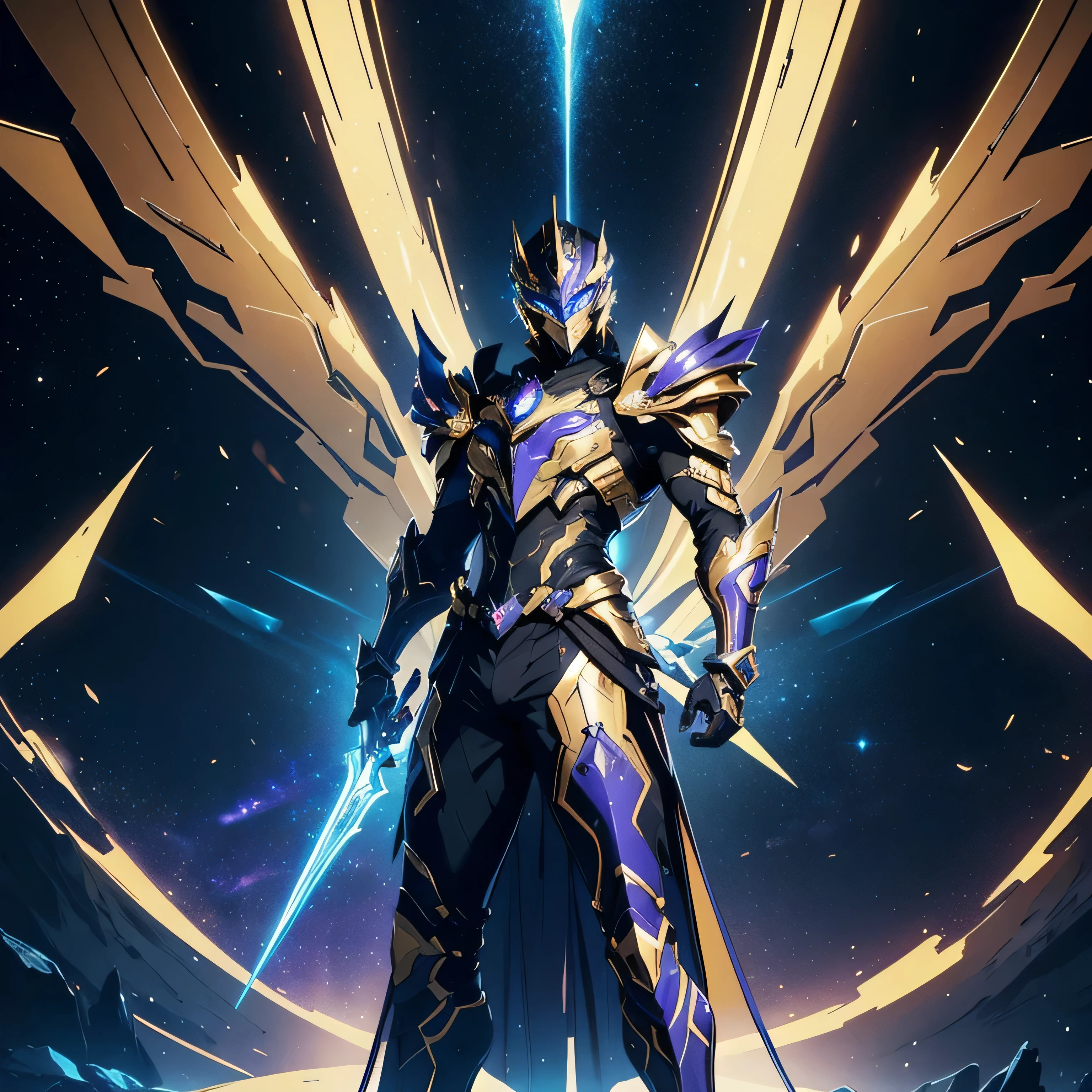 It's a man. The image presents a highly detailed and futuristic armor designed for a male warrior. The armor combines elements from different parts to create a cohesive and powerful look. Helmet: The helmet features a sleek, aerodynamic design with a golden metallic finish. It has a central crest that rises upwards, and the visor glows with a bright blue light, giving it a high-tech, futuristic appearance. Pauldrons (Shoulder Pads): The shoulder pads are designed to be close to the chest, with angular lines extending smoothly toward the shoulders. They have a polished golden finish and curve elegantly upward, creating a harmonious transition between the chest and shoulders, while providing a majestic and protective look. Chest Plate: The chest plate is intricately segmented, with a combination of gold and dark metallic blue. It has a gem-like crystal in the center that emits a soft, mystical glow. The design of the chest plate is both protective and regal, with sharp, angular lines that add to the overall futuristic aesthetic. Arm Guards: The arm guards are sleek and streamlined, with articulated golden and purple segments that offer flexibility and protection. The design of the gauntlets is both robust and elegant, incorporating futuristic elements that blend with the classic style. Leg Armor: The legs are armored with segmented plates that are primarily gold and purple. The boots are angular and sturdy, with a design that conveys both strength and agility. The overall look of the leg armor is grounded yet sleek, completing the ensemble with a powerful stance. The background of the image is a dark cosmic scene, filled with distant stars and nebulae that highlight the polished surfaces of the armor. Dynamic lighting is used to emphasize the key features, particularly the glowing visor and central chest gem, reinforcing the mystical and imposing nature of the warrior.