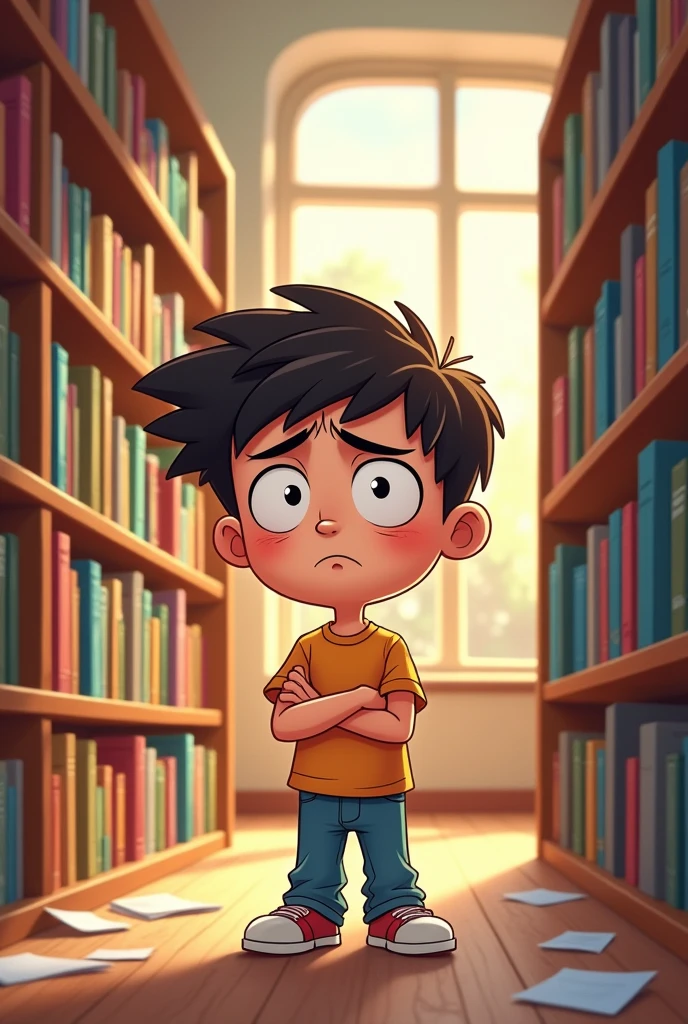 Please can you make me a cartoon in a library. Where a boy is standing with a look of frustration and confusion on his face*