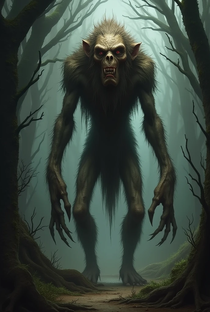hunched over hairy creature, short legs, long arms, stretched torso