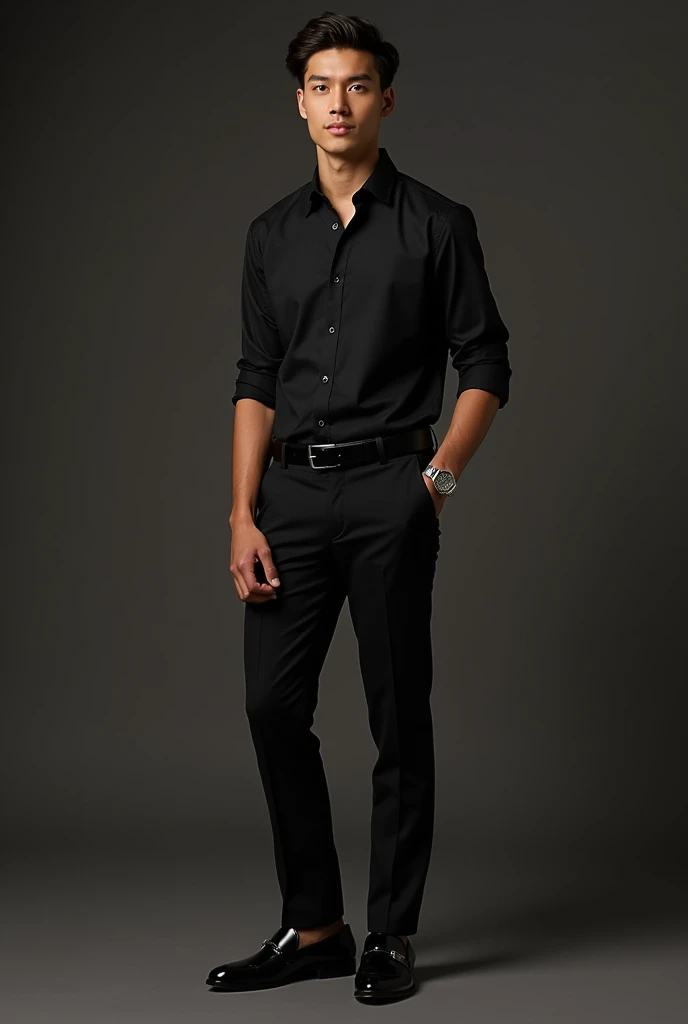 Create a prom look with a black dress shirt tucked into black tailored pants, black loafers and a belt in the same color as the loafer, and a silver watch.