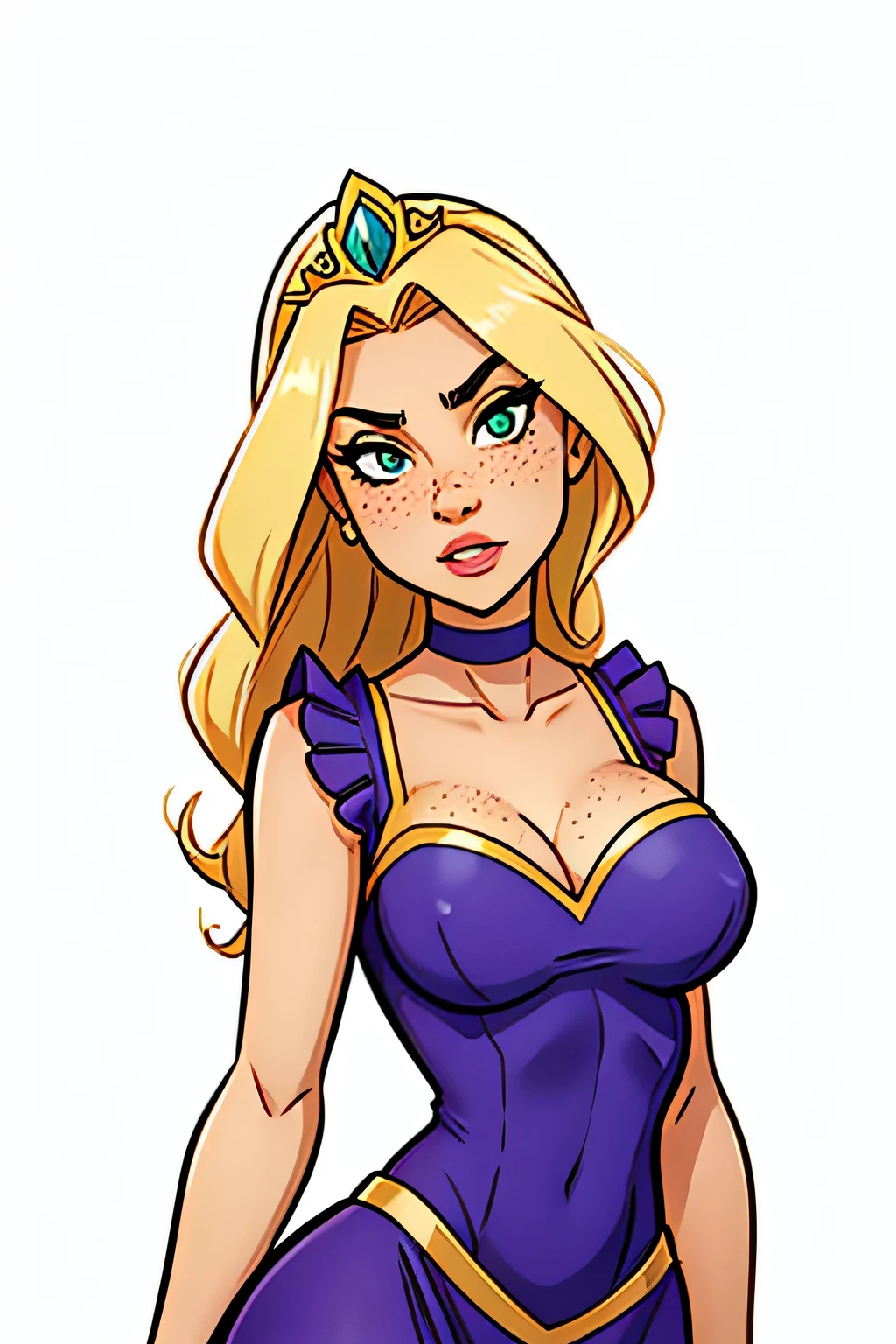 Slim athletic woman, age 25, 4K (High definition), thoughtful, seducing gaze, greeneyes, wearing a royal dress ((with v-neckline)), wearing tiara and choker, arms positioned at the side of the body, Caucasian skin, long blonde hair ((at shoulder height)), standing (upper body), curvy with freckles on her chest and neck, big round breasts. High-quality Marvel style, white background.