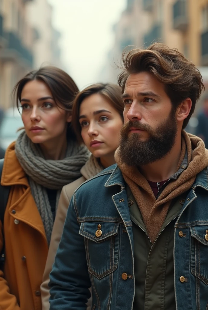 lady with short hair, man with brown beard and young man of 20 years walking
