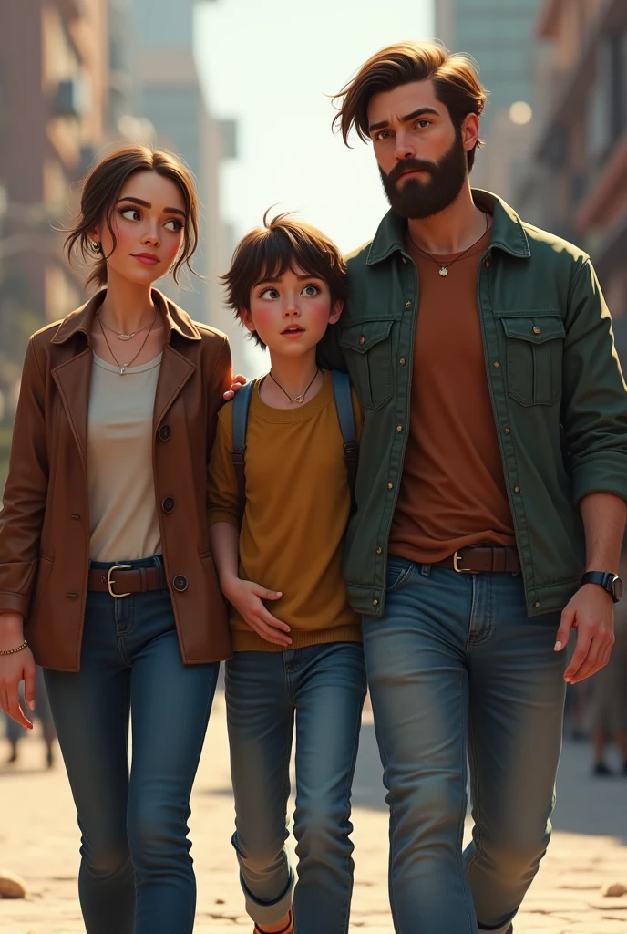 lady with short hair, man with brown beard and young man of 20 years walking