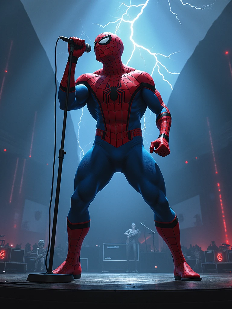 Rock Spiderman marvel holding the microfon singing with a background of thunder and a very rock vibes.