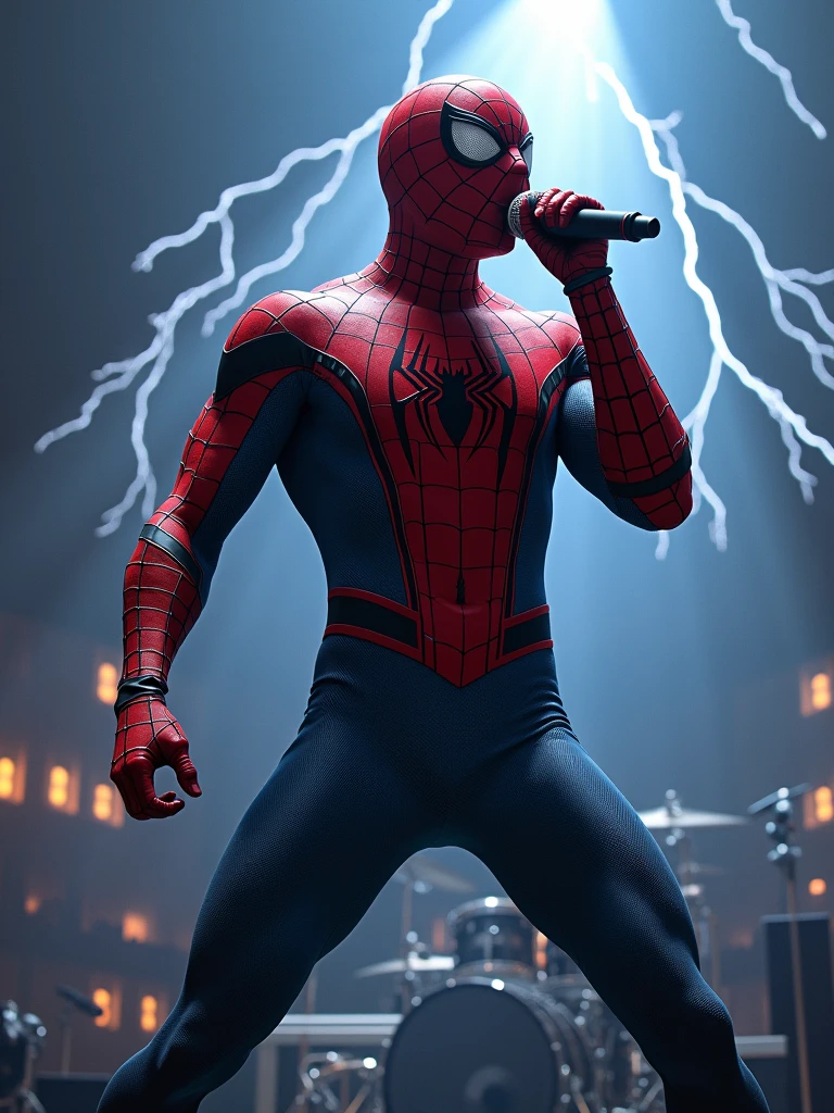 Rock Spiderman marvel holding the microfon singing with a background of thunder and a very rock vibes.