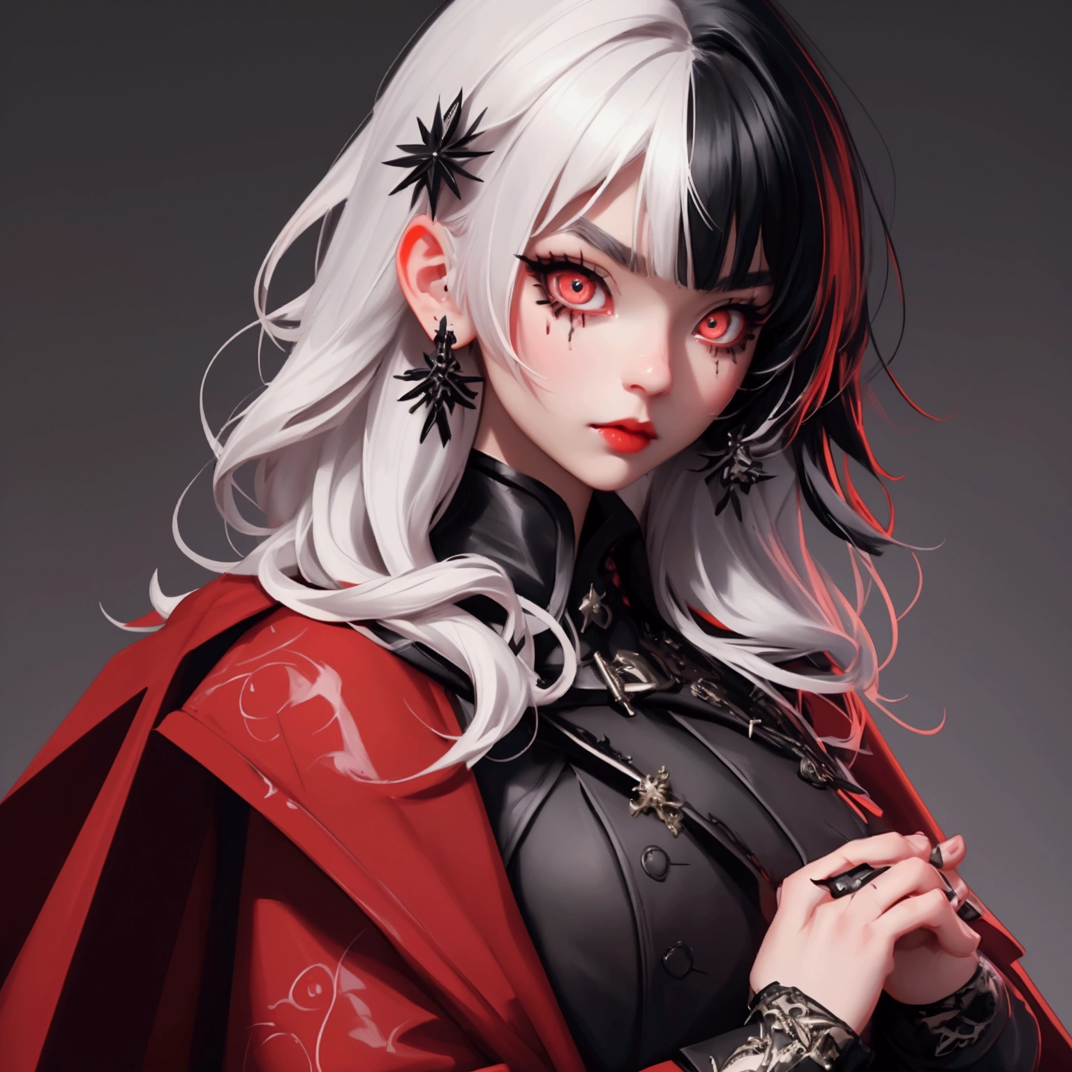 envision a 8k, highres, cinematic, close up beautiful portrait of a short girl named Shiori Novella with long black and white hair with hair ornaments, Amber eyes, wearing a goth military Lolita dress and red cape against a dark background