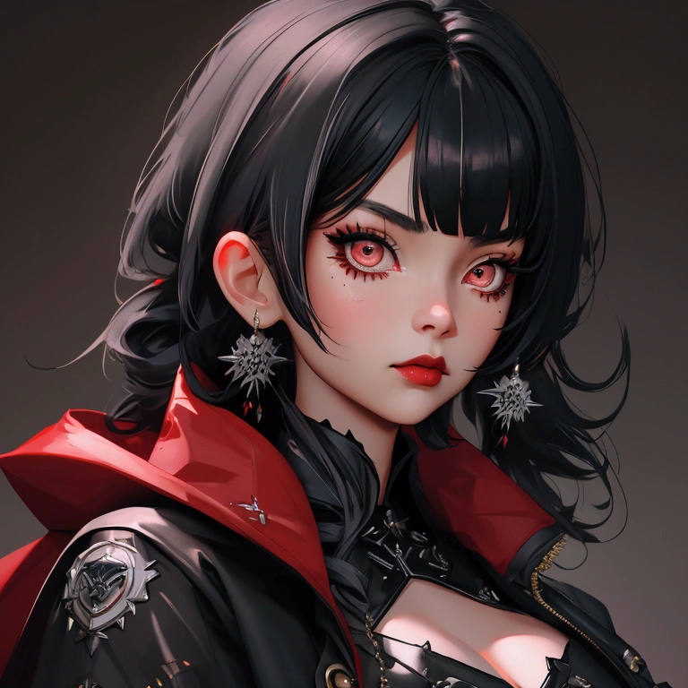 envision a 8k, highres, cinematic, close up beautiful portrait of a short girl named Shiori Novella with long black and white hair with hair ornaments, Amber eyes, wearing a goth military ****ta dress and red cape against a dark background