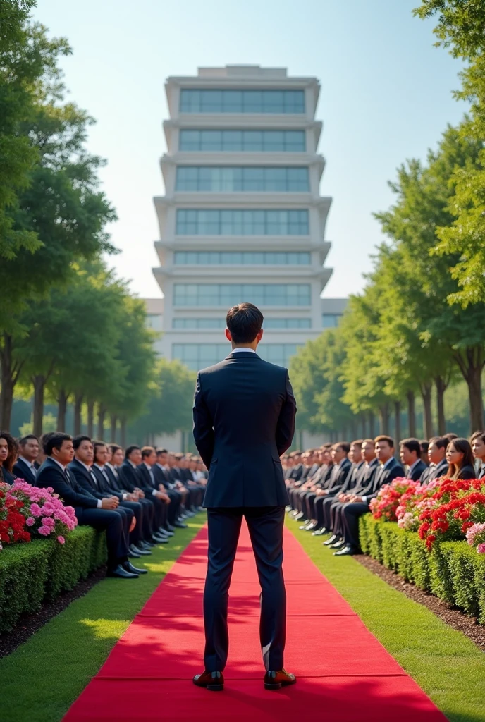 A young 20 year old addressing executives.The event takes place on the compound,Infront of a 3 story building.The compound has red carpets,grass, flowers and trees.The crowd is happy 